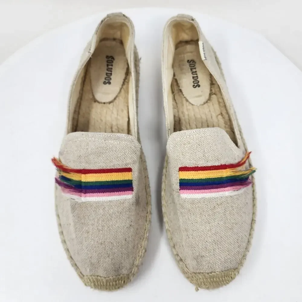 Soludos Rainbow Smoking Slipper Women 10 Cream Canvas Rainbow Espadrille